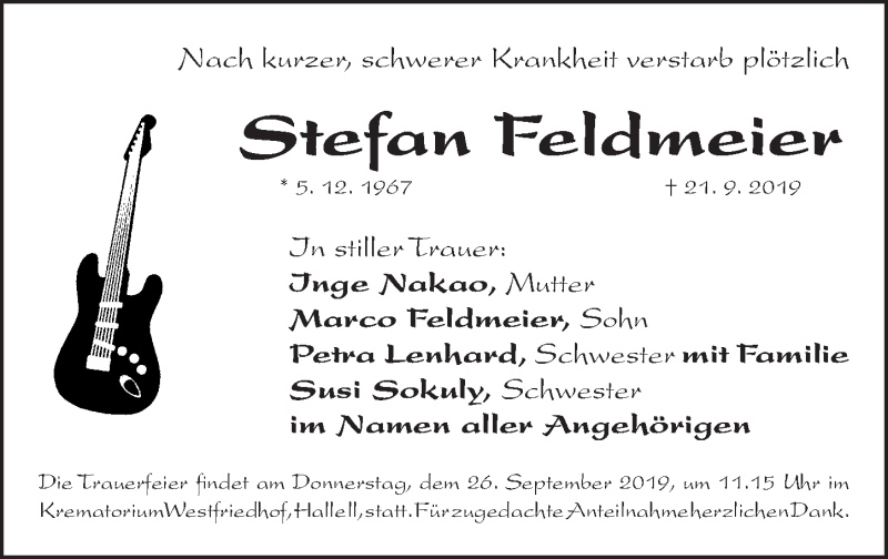  Traueranzeige für Stefan Feldmeier vom 24.09.2019 aus Gesamtausgabe Nürnberger Nachrichten/ Nürnberger Ztg.
