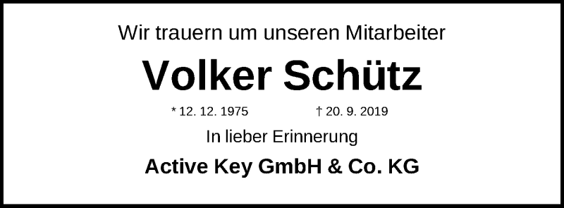  Traueranzeige für Volker Schütz vom 26.09.2019 aus Nordbayer. Nachrichten Pegnitz/ Nordbayer. Nachrichten Forchheim