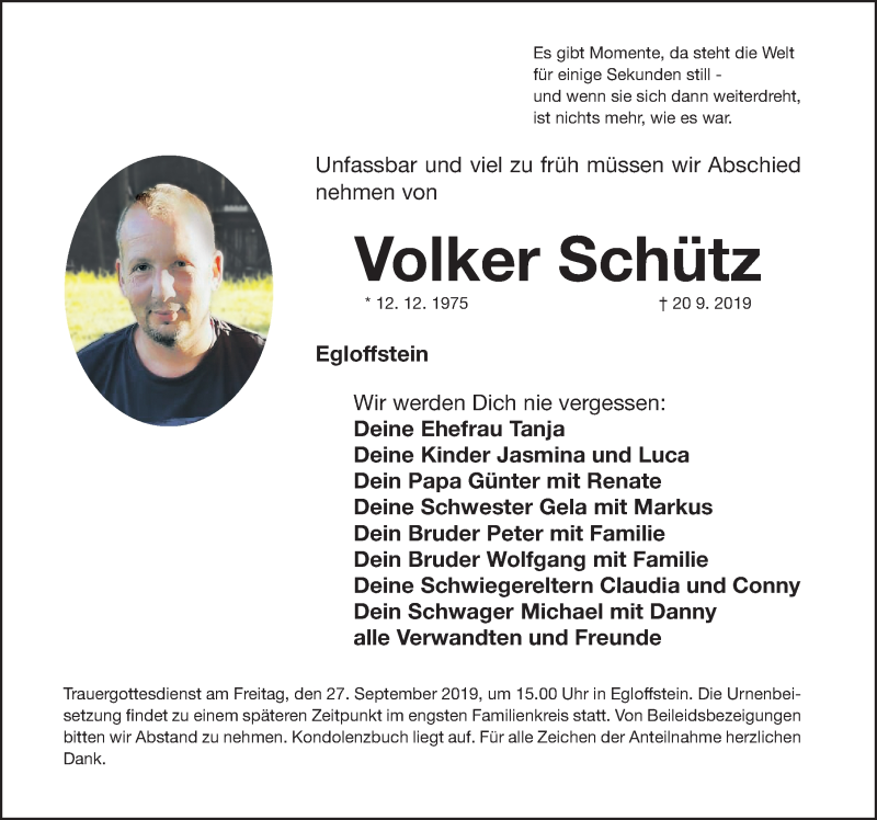  Traueranzeige für Volker Schütz vom 24.09.2019 aus Nordbayerische Nachrichten Forchheim Lokal