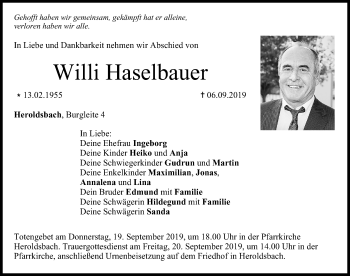 Traueranzeige von Willi Haselbauer von Nordbayerische Nachrichten Forchheim Lokal