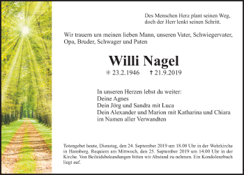 Traueranzeige von Willi Nagel von Nordbayerische Nachrichten Herzogenaurach Lokal
