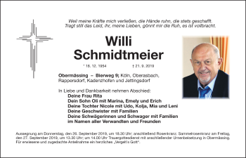 Traueranzeige von Willi Schmidtmeier von Roth-Hilpoltsteiner Volkszeitung Lokal
