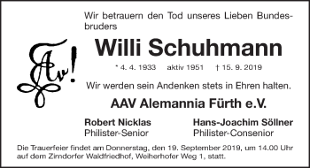 Traueranzeige von Willi Schuhmann von Fürther Nachrichten Lokal
