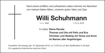 Traueranzeige von Willi Schuhmann von Fürther Nachrichten Lokal