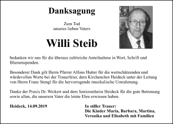 Traueranzeige von Willi Steib von Roth-Hilpoltsteiner Volkszeitung Lokal