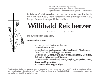 Traueranzeige von Willibald Reicherzer von Altmühl-Bote Lokal