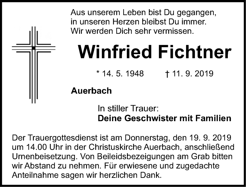  Traueranzeige für Winfried Fichtner vom 16.09.2019 aus Nordbayerische Nachrichten Pegnitz Lokal