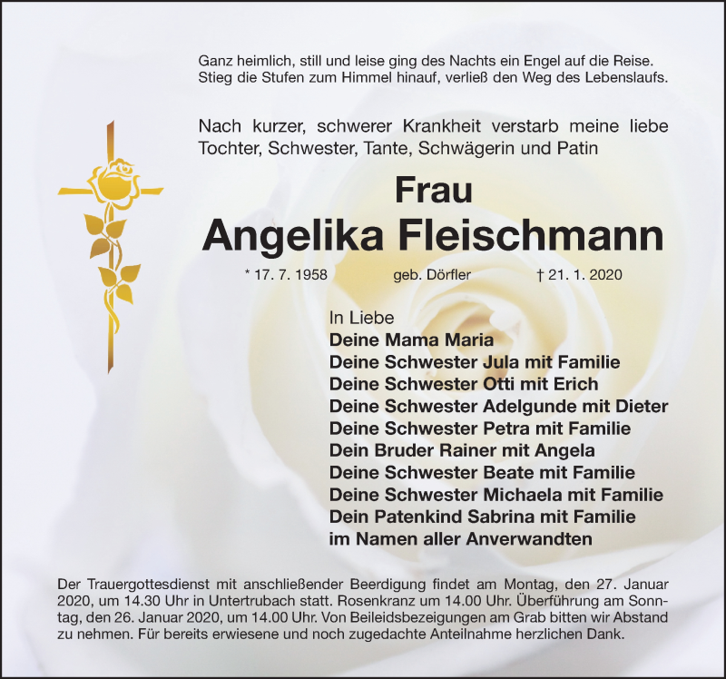  Traueranzeige für Angelika Fleischmann vom 23.01.2020 aus Nordbayerische Nachrichten Forchheim Lokal