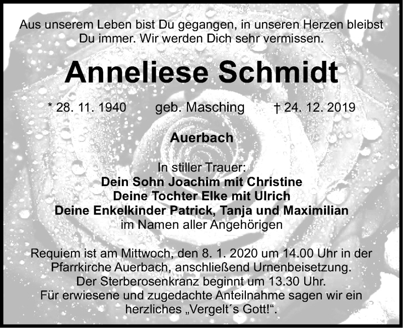  Traueranzeige für Anneliese Schmidt vom 04.01.2020 aus Nordbayerische Nachrichten Pegnitz Lokal