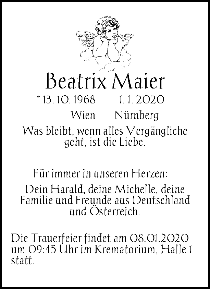  Traueranzeige für Beatrix Maier vom 07.01.2020 aus Gesamtausgabe Nürnberger Nachrichten/ Nürnberger Ztg.