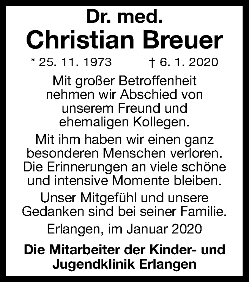  Traueranzeige für Christian Breuer vom 11.01.2020 aus Gesamtausgabe Nürnberger Nachrichten/ Nürnberger Ztg./ Erlanger Nachrichten