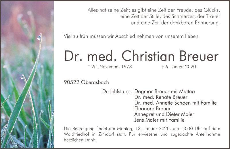  Traueranzeige für Christian Breuer vom 08.01.2020 aus Gesamtausgabe Nürnberger Nachrichten/ Nürnberger Ztg.
