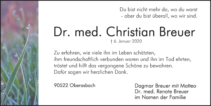  Traueranzeige für Christian Breuer vom 25.01.2020 aus Gesamtausgabe Nürnberger Nachrichten/ Nürnberger Ztg.