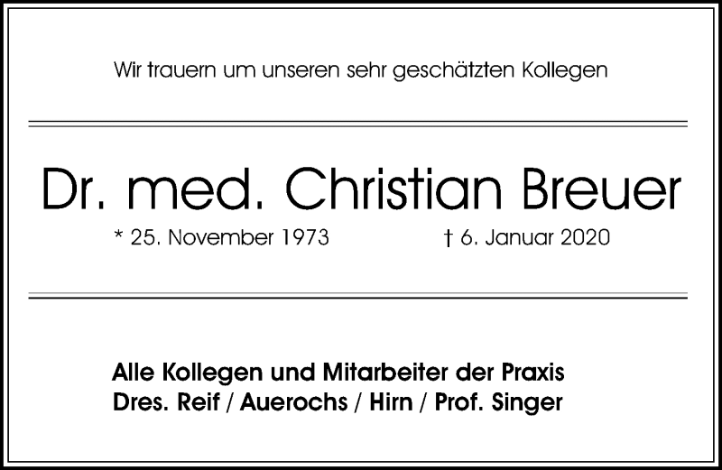  Traueranzeige für Christian Breuer vom 11.01.2020 aus Gesamtausgabe Nürnberger Nachrichten/ Nürnberger Ztg.