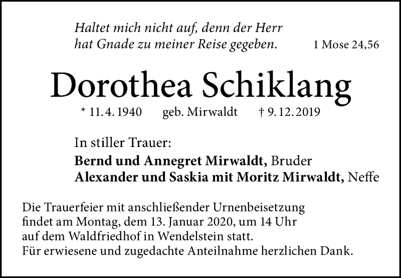  Traueranzeige für Dorothea Schiklang vom 10.01.2020 aus Schwabach