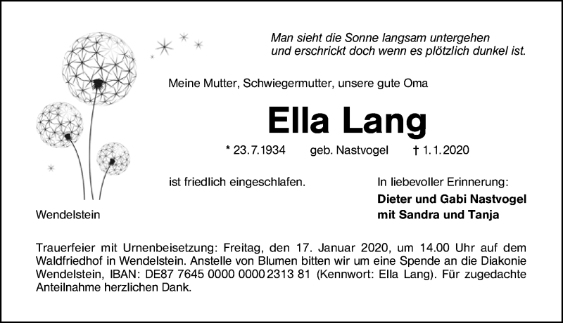  Traueranzeige für Ella Lang vom 15.01.2020 aus Schwabach