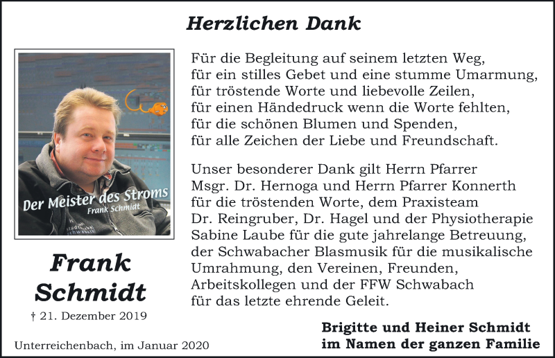  Traueranzeige für Frank Schmidt vom 11.01.2020 aus Schwabach