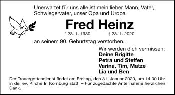 Traueranzeige von Fred Heinz von Gesamtausgabe Nürnberger Nachrichten/ Nürnberger Ztg.