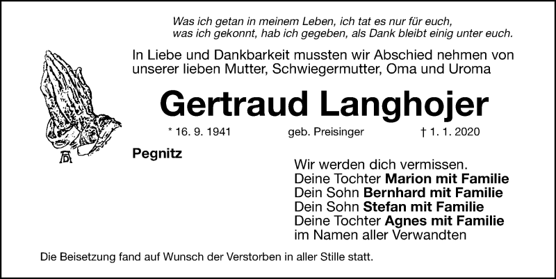  Traueranzeige für Gertraud Langhojer vom 11.01.2020 aus Nordbayerische Nachrichten Pegnitz Lokal