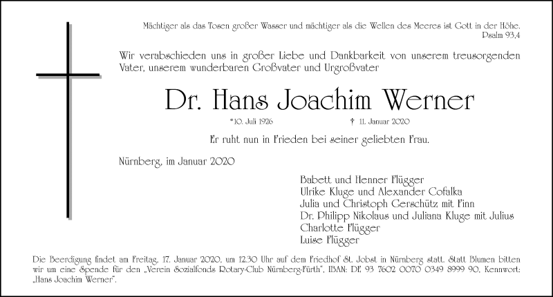  Traueranzeige für Hans Joachim Werner vom 15.01.2020 aus Gesamtausgabe Nürnberger Nachrichten/ Nürnberger Ztg.