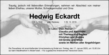 Traueranzeige von Hedwig Eckardt von Der Bote Lokal