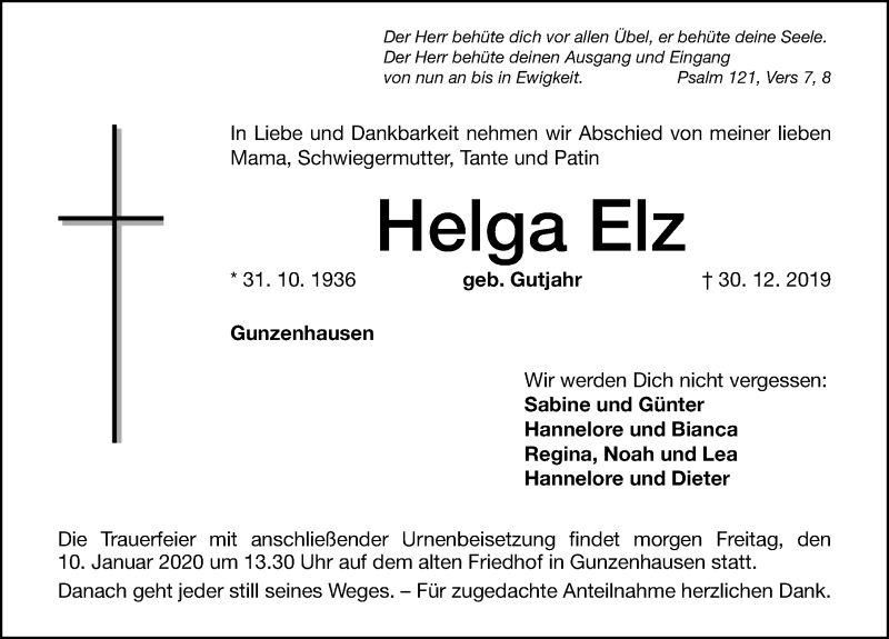  Traueranzeige für Helga Elz vom 09.01.2020 aus Altmühl-Bote Lokal
