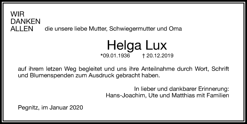  Traueranzeige für Helga Lux vom 04.01.2020 aus Nordbayerische Nachrichten Pegnitz Lokal