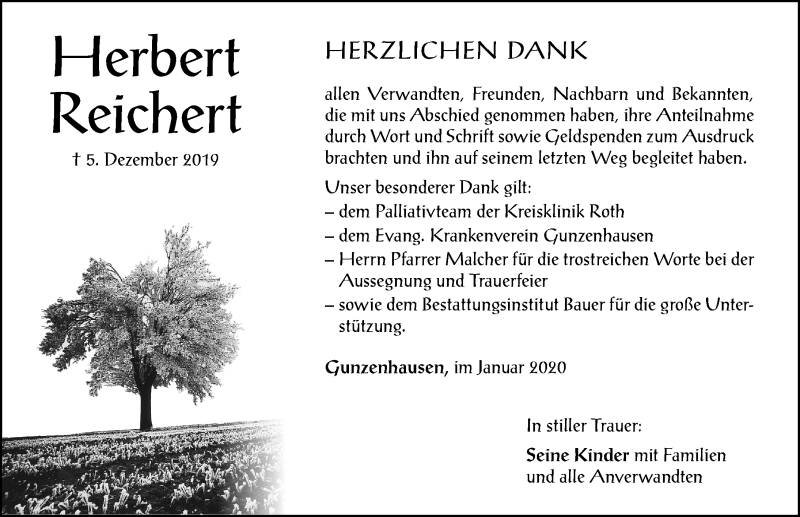  Traueranzeige für Herbert Reichert vom 02.01.2020 aus Altmühl-Bote Lokal