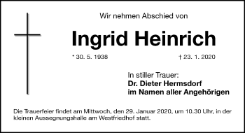 Traueranzeige von Ingrid Heinrich von Gesamtausgabe Nürnberger Nachrichten/ Nürnberger Ztg.
