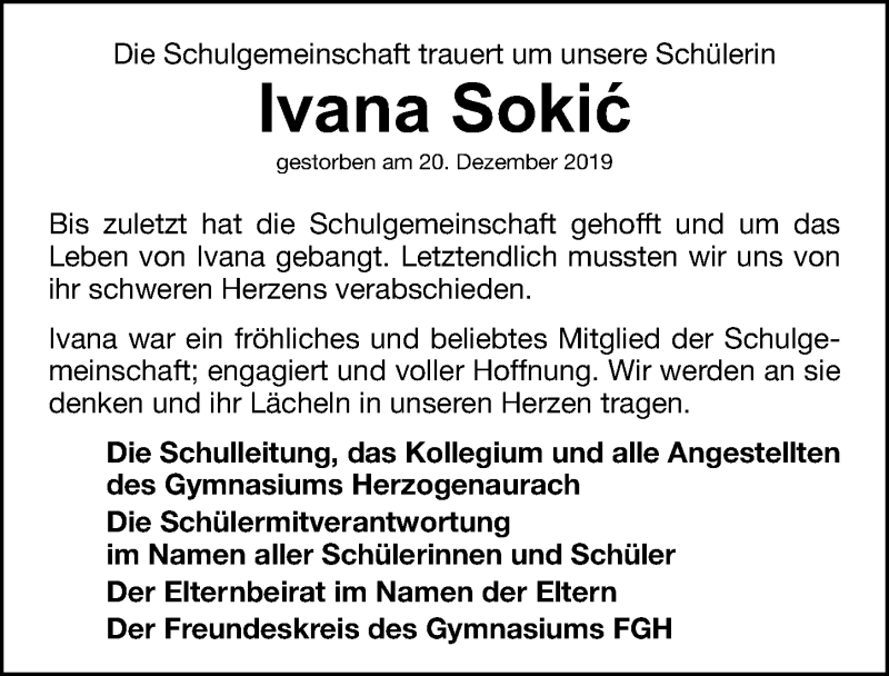 Traueranzeige für Ivana Sokic vom 09.01.2020 aus Nordbayerische Nachrichten Herzogenaurach Lokal