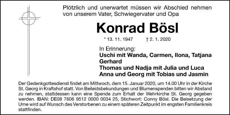  Traueranzeige für Konrad Bösl vom 11.01.2020 aus Gesamtausgabe Nürnberger Nachrichten/ Nürnberger Ztg.