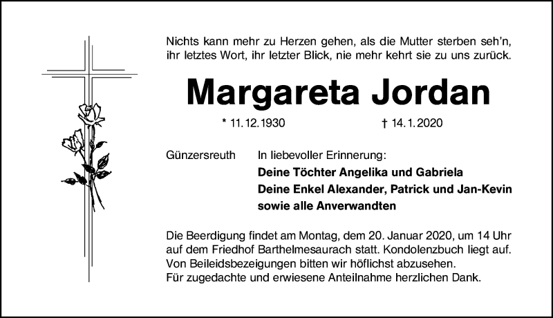  Traueranzeige für Margareta Jordan vom 18.01.2020 aus Schwabach