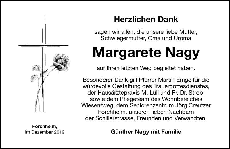  Traueranzeige für Margarete Nagy vom 04.01.2020 aus Nordbayerische Nachrichten Forchheim Lokal