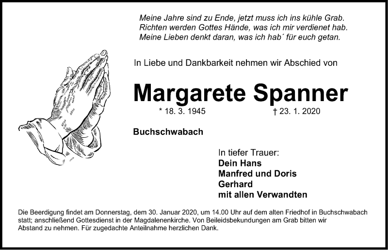  Traueranzeige für Margarete Spanner vom 27.01.2020 aus Schwabach