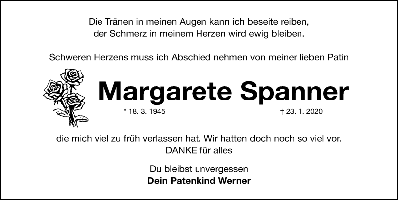  Traueranzeige für Margarete Spanner vom 28.01.2020 aus Fürther Nachrichten Lokal