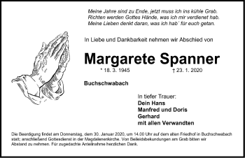 Traueranzeige von Margarete Spanner von Schwabach