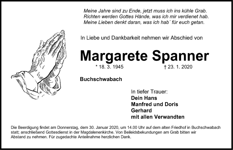  Traueranzeige für Margarete Spanner vom 27.01.2020 aus Fürther Nachrichten Lokal