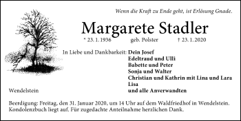 Traueranzeige von Margarete Stadler von Schwabach