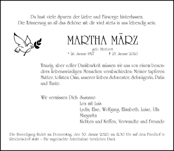 Traueranzeige von Martha März von Gesamtausgabe Nürnberger Nachrichten/ Nürnberger Ztg.