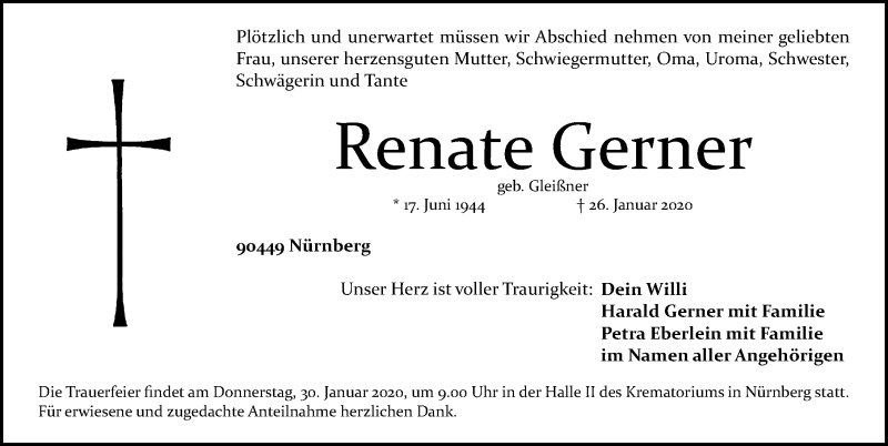  Traueranzeige für Renate Gerner vom 28.01.2020 aus Gesamtausgabe Nürnberger Nachrichten/ Nürnberger Ztg.