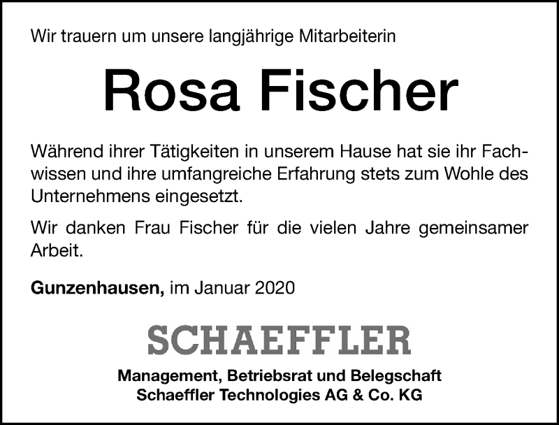  Traueranzeige für Rosa Fischer vom 28.01.2020 aus Altmühl-Bote Lokal