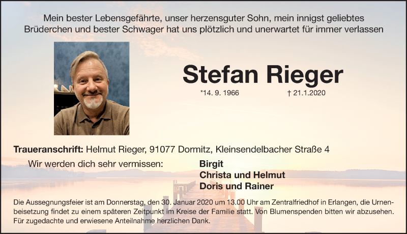  Traueranzeige für Stefan Rieger vom 28.01.2020 aus Erlanger Nachrichten Lokal
