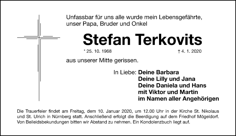  Traueranzeige für Stefan Terkovits vom 09.01.2020 aus Gesamtausgabe Nürnberger Nachrichten/ Nürnberger Ztg.