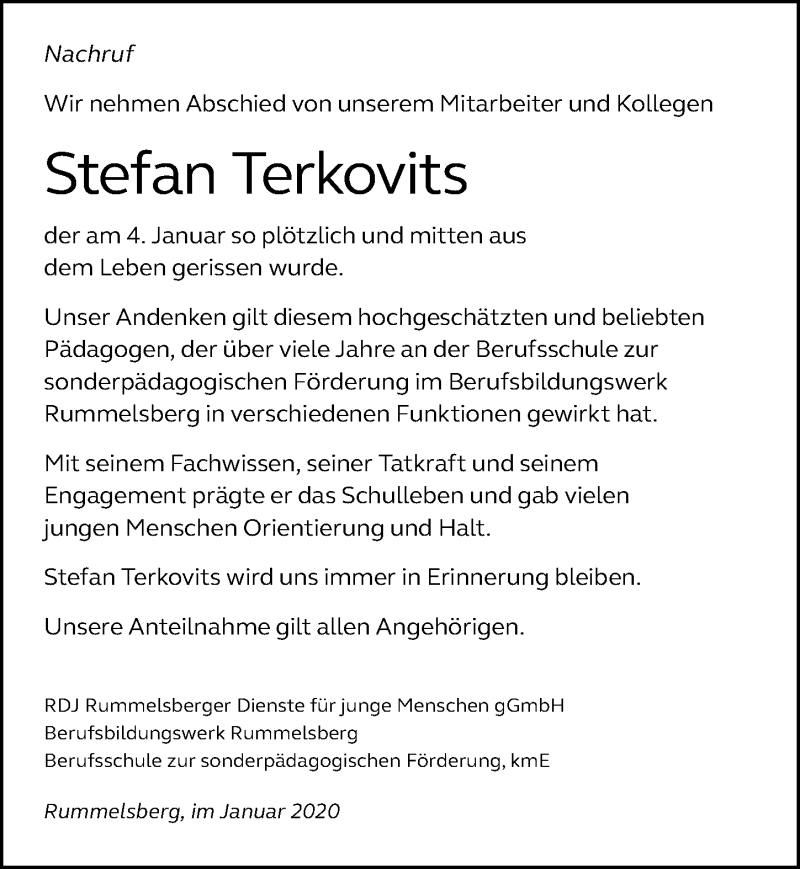  Traueranzeige für Stefan Terkovits vom 13.01.2020 aus Gesamtausgabe Nürnberger Nachrichten/ Nürnberger Ztg.
