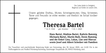 Traueranzeige von Theresa Bartel von Gesamtausgabe Nürnberger Nachrichten/ Nürnberger Ztg.