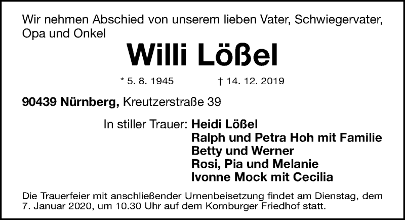  Traueranzeige für Willi Lößel vom 04.01.2020 aus Gesamtausgabe Nürnberger Nachrichten/ Nürnberger Ztg.