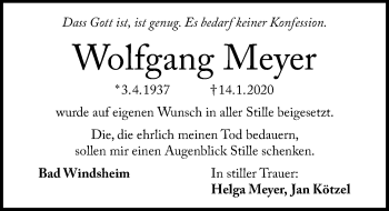 Traueranzeige von Wolfgang Meyer von Gesamtausgabe Nürnberger Nachrichten/ Nürnberger Ztg.