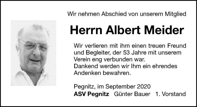  Traueranzeige für Albert Meider vom 05.10.2020 aus Nordbayerische Nachrichten Pegnitz Lokal