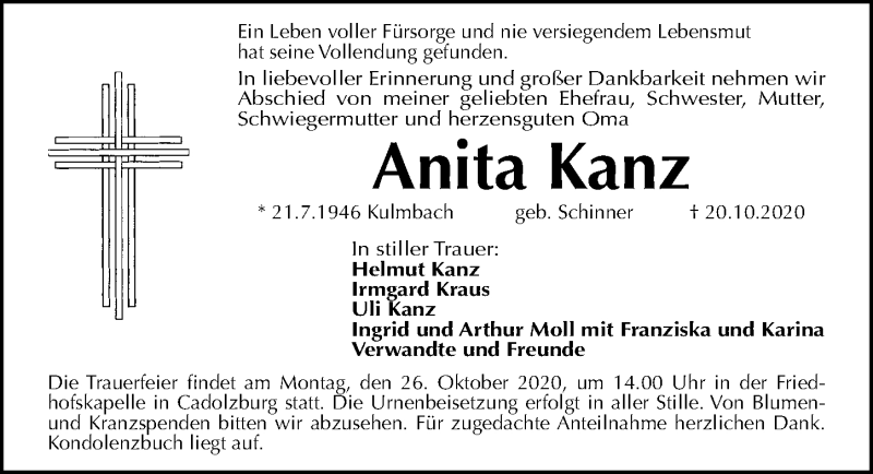  Traueranzeige für Anita Kanz vom 24.10.2020 aus Gesamtausgabe Nürnberger Nachrichten/ Nürnberger Ztg.