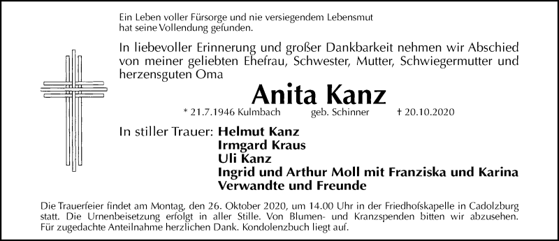  Traueranzeige für Anita Kanz vom 24.10.2020 aus Fürther Nachrichten Lokal